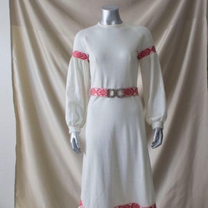 60er 70er Jahre Vintage | langärmeliges Midikleid | Spangengürtel | Größe small | weiß rosa rot | Braut Hochzeit