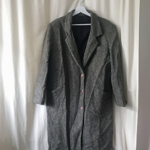 Abrigo de lana vintage / tweed de espiga / gris moteado / talla grande - extra grande / Fabricado en Portugal