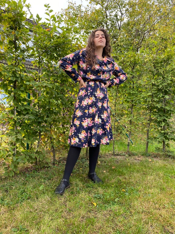 Vintage 70s Floral Two Piece Set Blouse + Skirt Si