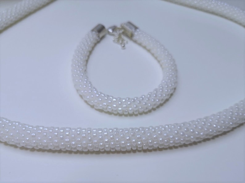 Bright White Bead Crochet Necklace and Bracelet Set