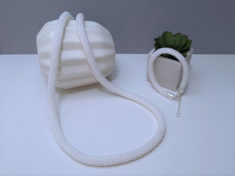 Bright White Bead Crochet Necklace and Bracelet Set