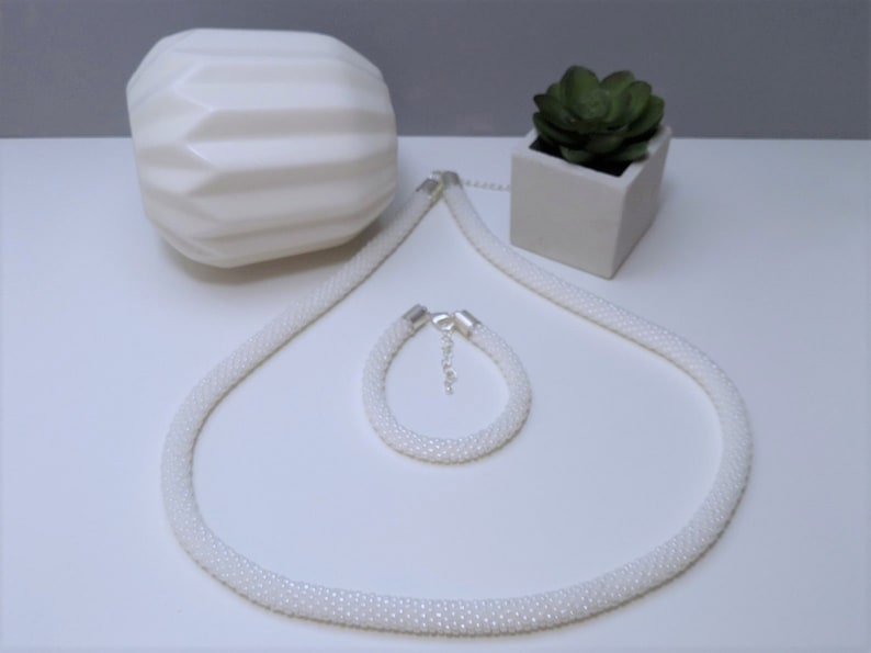 Bright White Bead Crochet Necklace and Bracelet Set