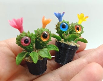 Mini  cactus for Blythe with eye.  Miniature Halloween plants. Mini flowers for dollhouse.