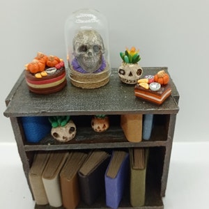 Miniature Bookcase: Dollhouse Furniture with Books, Plants, Cake, Skull
