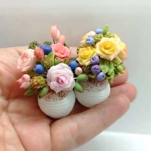 Miniature Roses bouquet in ceramic vase. Doll house plant. Tiny flowers for roomboxes.
