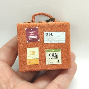Miniature orange suitcase with stamps for Blythe. Mini suitcase for doll. Tiny suitcase for dolls.