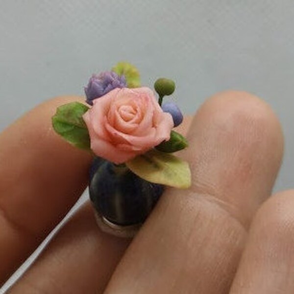 Miniature Rose in ceramic vase. Doll house plant. Tiny flowers for roomboxes. Miniature flowers.