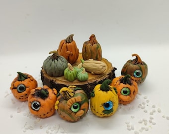 MIniature Halloween pumpkin. Creepy Cute Pumpkins with glass eye. Halloween gift.  Mini blue, yellow, green, pink, orange pumpkin
