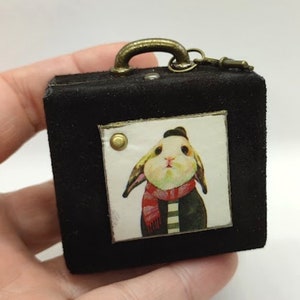 Miniature dark brown suitcase for Blythe with picture of a rabbit. Tiny suitcase for dolls. Mini suitcase with notebook.