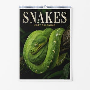 May include: A wall calendar titled SNAKES 2027 CALENDAR featuring a coiled bright green snake with textured scales resting on a dark tree branch. The calendar is bound with a blue spiral wire at the top and displays the title in large white letters.