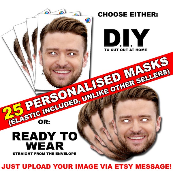 25 X Personalised Photo Face Mask Kits D.I.Y. or Ready To Wear For Stag & Hen Night And Birthday Party - custom novelty - fancy dress