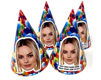 Personalised Party Hats With Face Photo & Text of your choice - Custom Card kits Birthdays Weddings Stag Dos Hen Parties - Balloons