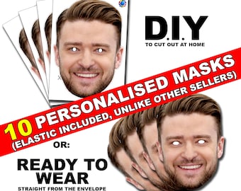 10 X Personalised Photo Face Mask Kits D.I.Y. or Ready To Wear For Stag & Hen Night And Birthday Party - custom novelty - fancy dress