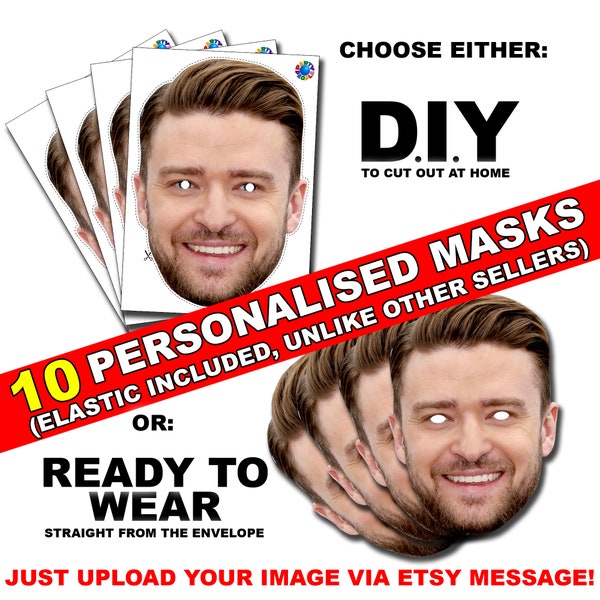 10 X Personalised Photo Face Mask Kits D.I.Y. or Ready To Wear For Stag & Hen Night And Birthday Party - custom novelty - fancy dress