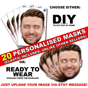 May include: A set of 20 personalised face masks with elastic included. Choose between DIY masks to cut out at home or ready-to-wear masks. Upload your image via Etsy message.