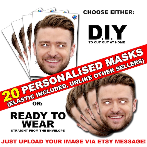 20 X Personalised Photo Face Mask Kits D.I.Y. or Ready To Wear For Stag & Hen Night And Birthday Party - custom novelty - fancy dress