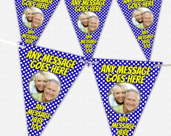 Personalised Blue Polka Dot Bunting With Photo And Text Of Your Choice - 12, 24 or 36 Large Triangle Flags including Ribbon