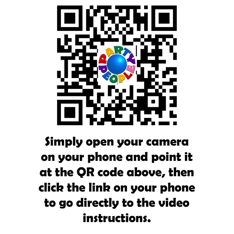 May include: A black and white QR code with a colorful circle in the center. The circle has the words "Party People" written around it in a rainbow of colors. The text below the QR code reads "Simply open your camera on your phone and point it at the QR code above, then click the link on your phone to go directly to the video instructions."
