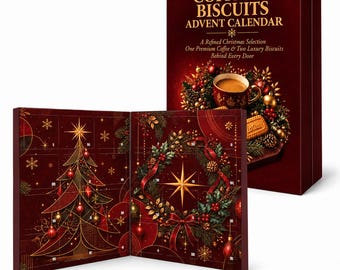 May include: A deep red Coffee & Biscuits Advent Calendar box featuring gold text, a coffee cup, and a wreath. The open calendar displays numbered doors, a gold-lined Christmas tree illustration, and a festive wreath with a central star design.