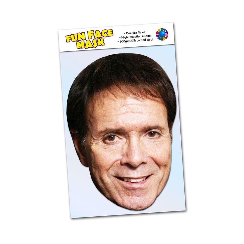 May include: A fun face mask featuring a photo of a man with brown hair and a smiling expression. The mask is printed on 300gsm silk coated card.