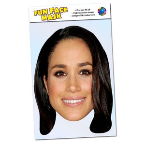 May include: A fun face mask featuring a photo of Meghan Markle. The mask is printed on 300gsm silk coated card and is one size fits all.