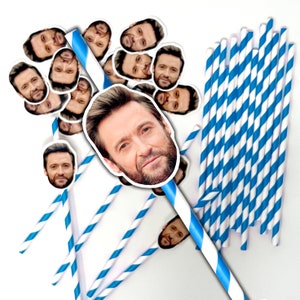 Personalised Face Straws custom cut-out photos faces, complete with straws and fixings for you to attach fun for hen, stag do, birthday Blue & White