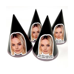 Personalised Party Hats With Face Photo & Text of your choice - Custom Card kits Birthdays Weddings Stag Dos Hen Parties - Black