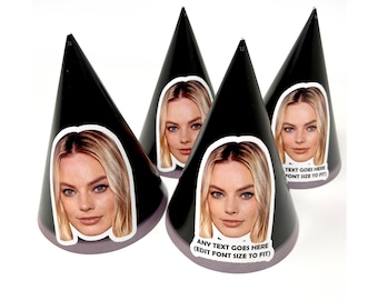 Personalised Party Hats With Face Photo & Text of your choice - Custom Card kits Birthdays Weddings Stag Dos Hen Parties - Black