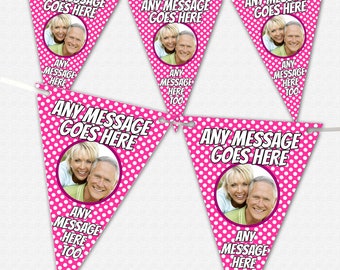 Personalised Pink Polka Dot Bunting With Photo And Text Of Your Choice - 12, 24 or 36 Large Triangle Flags including Ribbon