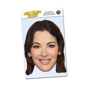 May include: A fun face mask featuring a photo of a woman with brown hair and a white background. The mask is made of 300gsm silk coated card and is one size fits all.