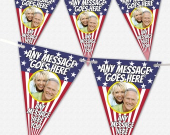 Personalised Stars & Stripes Bunting With Photo And Text Of Your Choice - 12, 24 or 36 Large Triangle Flags including Ribbon