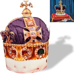 May include: A gold crown with red velvet lining and jewels. The crown is on a red velvet pillow with a gold trim. The crown is surrounded by a blue background.