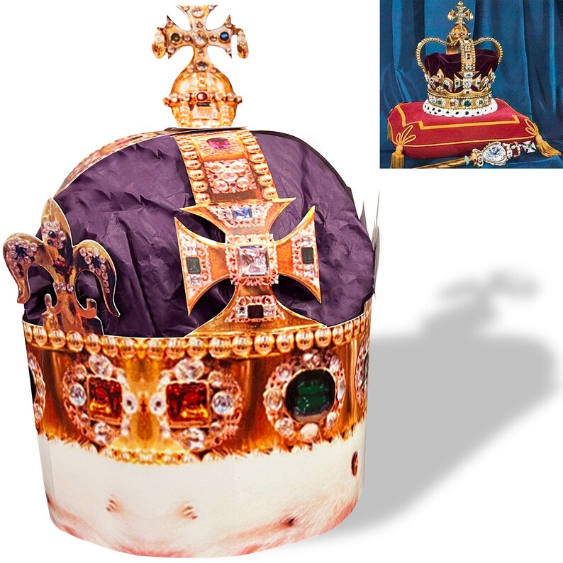 May include: A gold crown with red velvet lining and jewels. The crown is on a red velvet pillow with a gold trim. The crown is surrounded by a blue background.