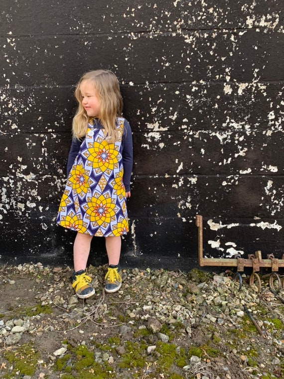 Sunshine Yellow and Navy Print Beautiful Girls Pinafore Dress. Age 1-2yrs up to Age 9-10years