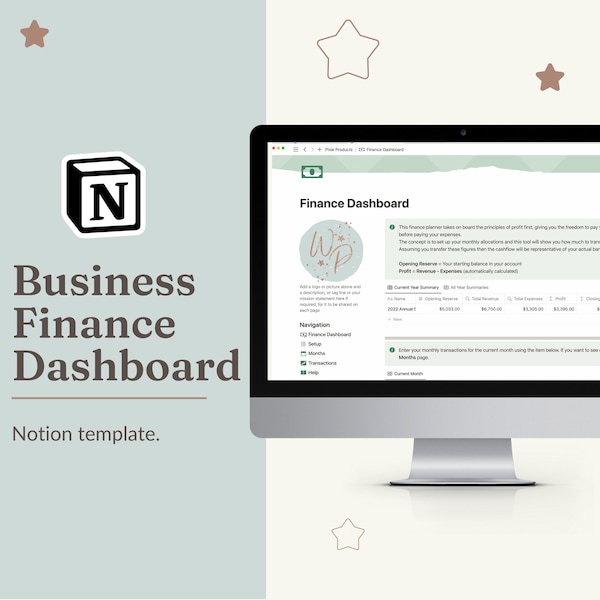 Business Finance dashboard and budget tracker Notion template, for a small business with revenue, expense and profit tracking + profit first