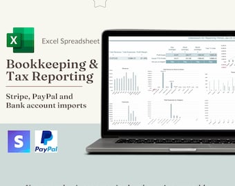 Bookkeeping spreadsheet with tax reporting and Stripe and PayPal import. Profit and loss statement, sales tracker for easy accounting