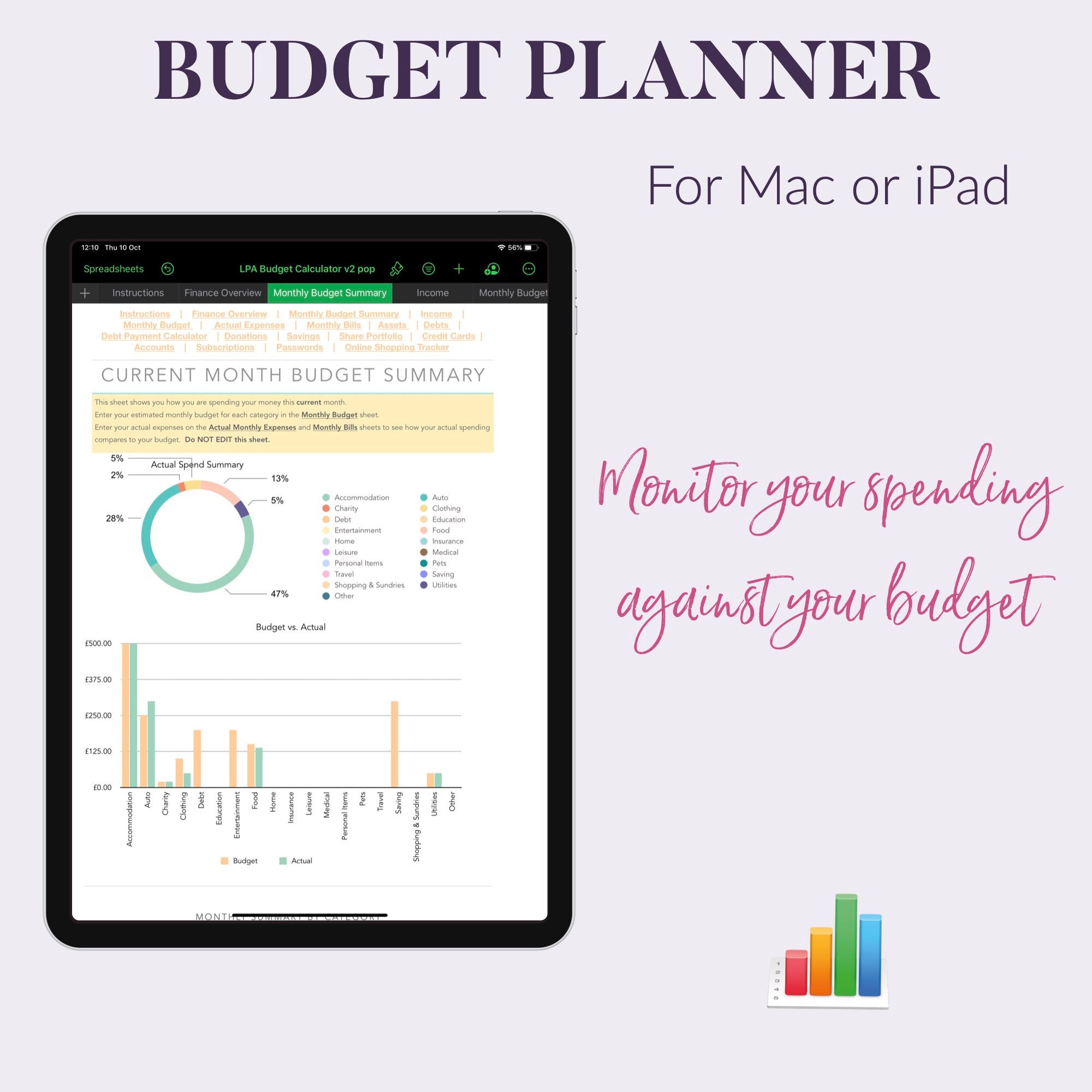 Numbers Budget Planner Spreadsheet for Ipad or Mac. Personal Etsy