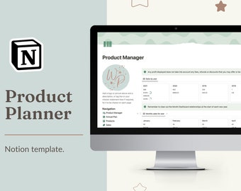 Product planner Notion template. Digital product manager for a small business with profit tracking, keyword research & pricing calculations