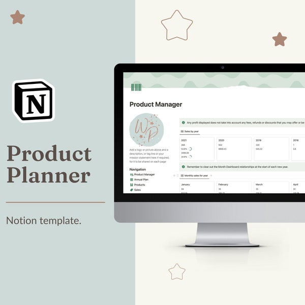Product planner Notion template. Digital product manager for a small business with profit tracking, keyword research & pricing calculations