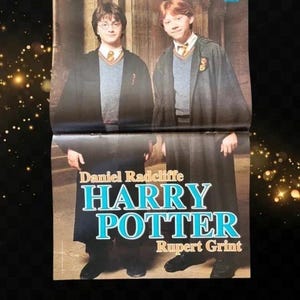Puede incluir: Un póster con Daniel Radcliffe y Rupert Grint vestidos con uniformes escolares con jerséis grises y túnicas negras. El texto dice Daniel Radcliffe, HARRY POTTER y Rupert Grint en letras azules y doradas sobre un fondo de piedra.