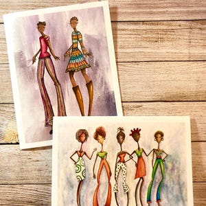 Juego de seis tarjetas de felicitación con diseño de chicas elegantes afroamericanas, en blanco con sobres, 4,25" x 5,5", 2 diseños surtidos