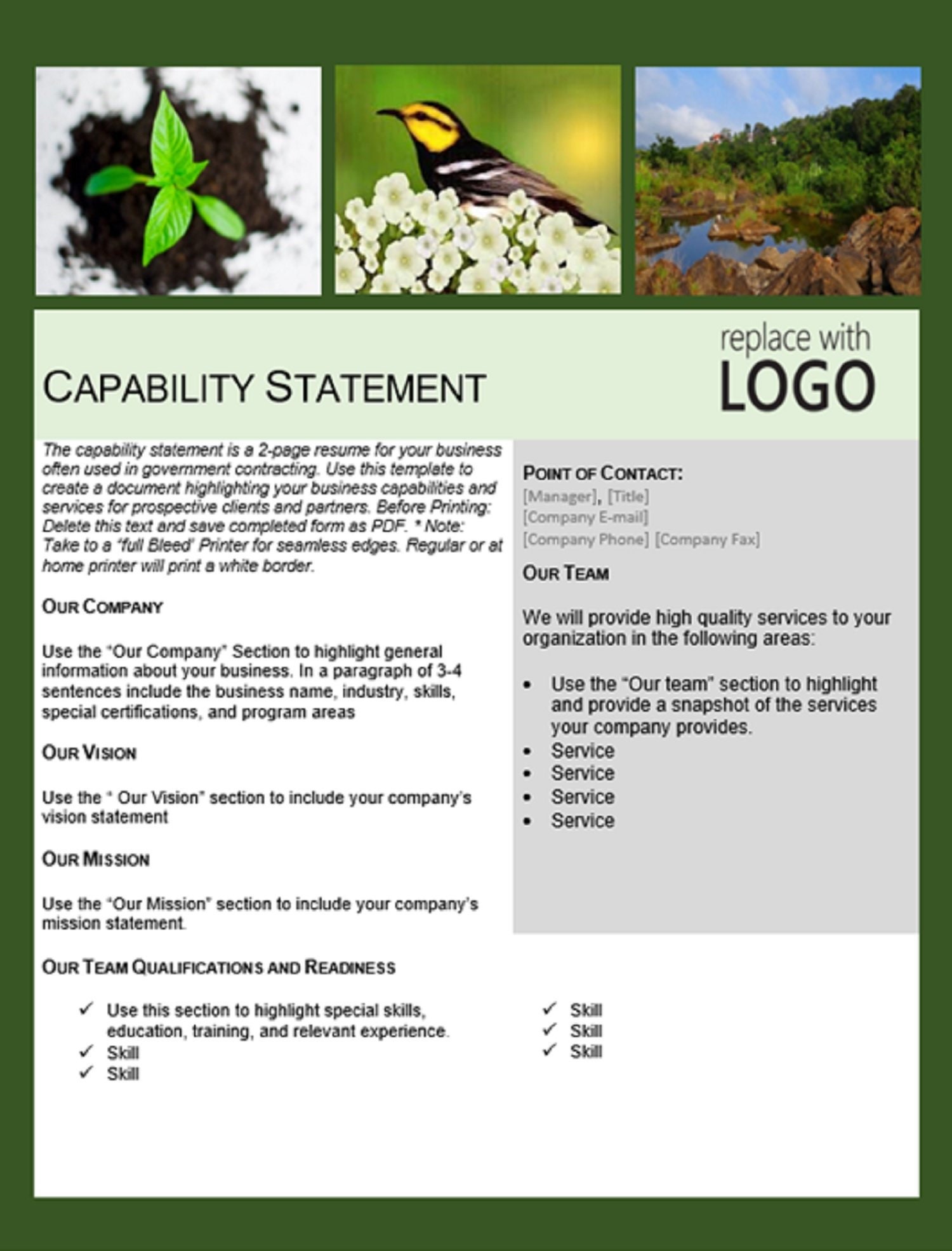 Green Business Capability Statement Template Intended For Capability Statement Template Word