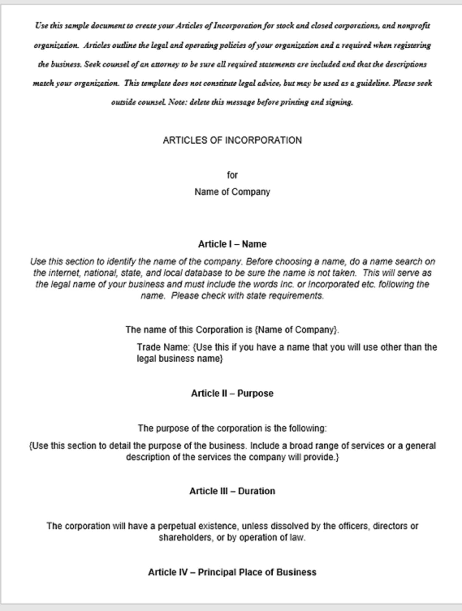 Business Or Nonprofit Articles Of Incorporation Template Etsy
