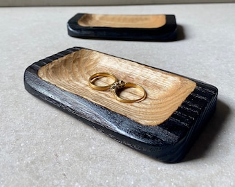 Hand Carved Ring Dish: Scorched English Ash Wood Jewelry Bowl