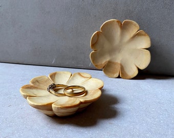 Hand Carved Lotus Ring Dish: Reclaimed Pine Wood Trinket Bowl
