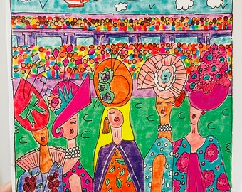 Ladies Day Cheltenham Races Greetings Card: Colorful Hand-Drawn Art