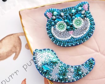 DIY Jewelry making kit "Cheshire Cat", Seed beaded brooch, Bead Embroidery Kit A04