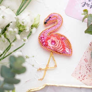 DIY Jewelry making kit Flamingo, Seed beaded brooch, Bead Embroidery Kit A04 image 1