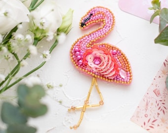 DIY Jewelry making kit "Flamingo", Seed beaded brooch, Bead Embroidery Kit A04