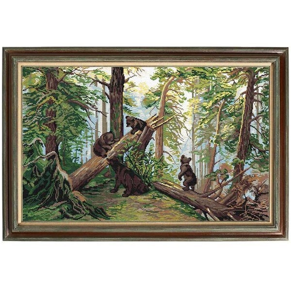 Kit de point de croix DIY « Matin dans une forêt de pins I. Shishkin » avec toile de tapisserie imprimée, 19.7 « x31.5 » / 50х80 cm, kit de point d’aiguille,